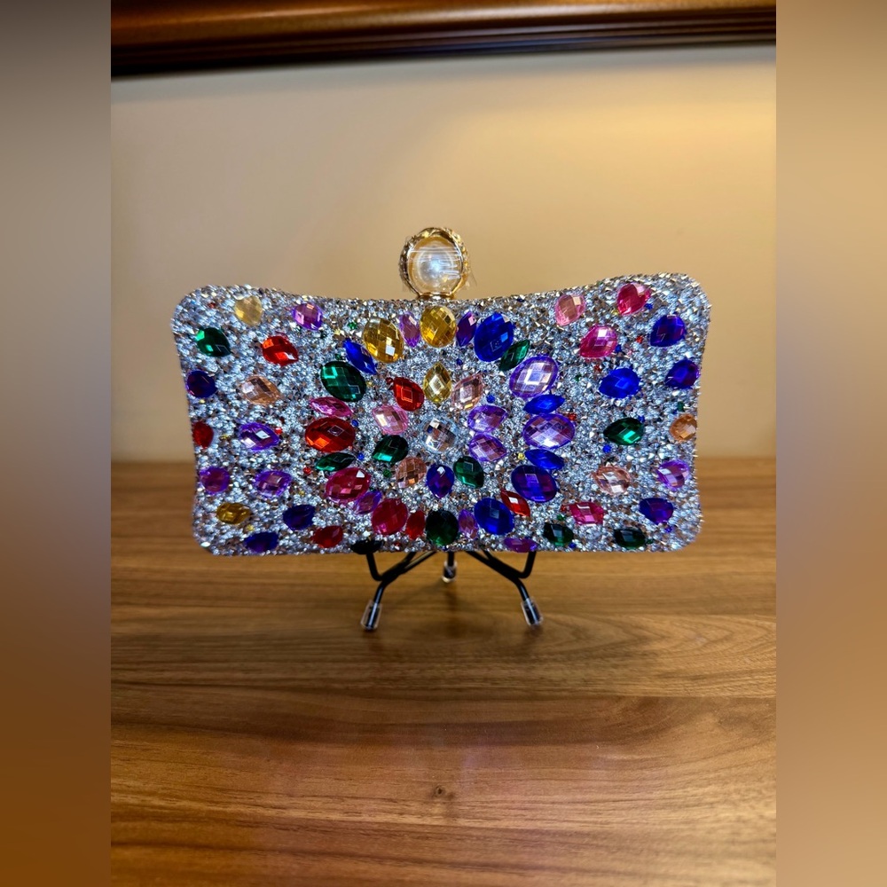 Stunning Multicolor Gemstone Evening Clutch with Gold Trim